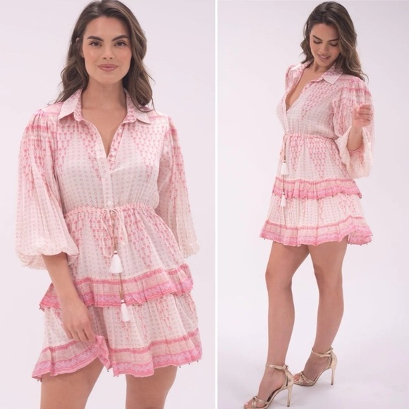 Alicia Bell Heart Bailey Long Sleeve Tiered Ruffle Mini Dress Pink White, XS - Picture 1 of 13